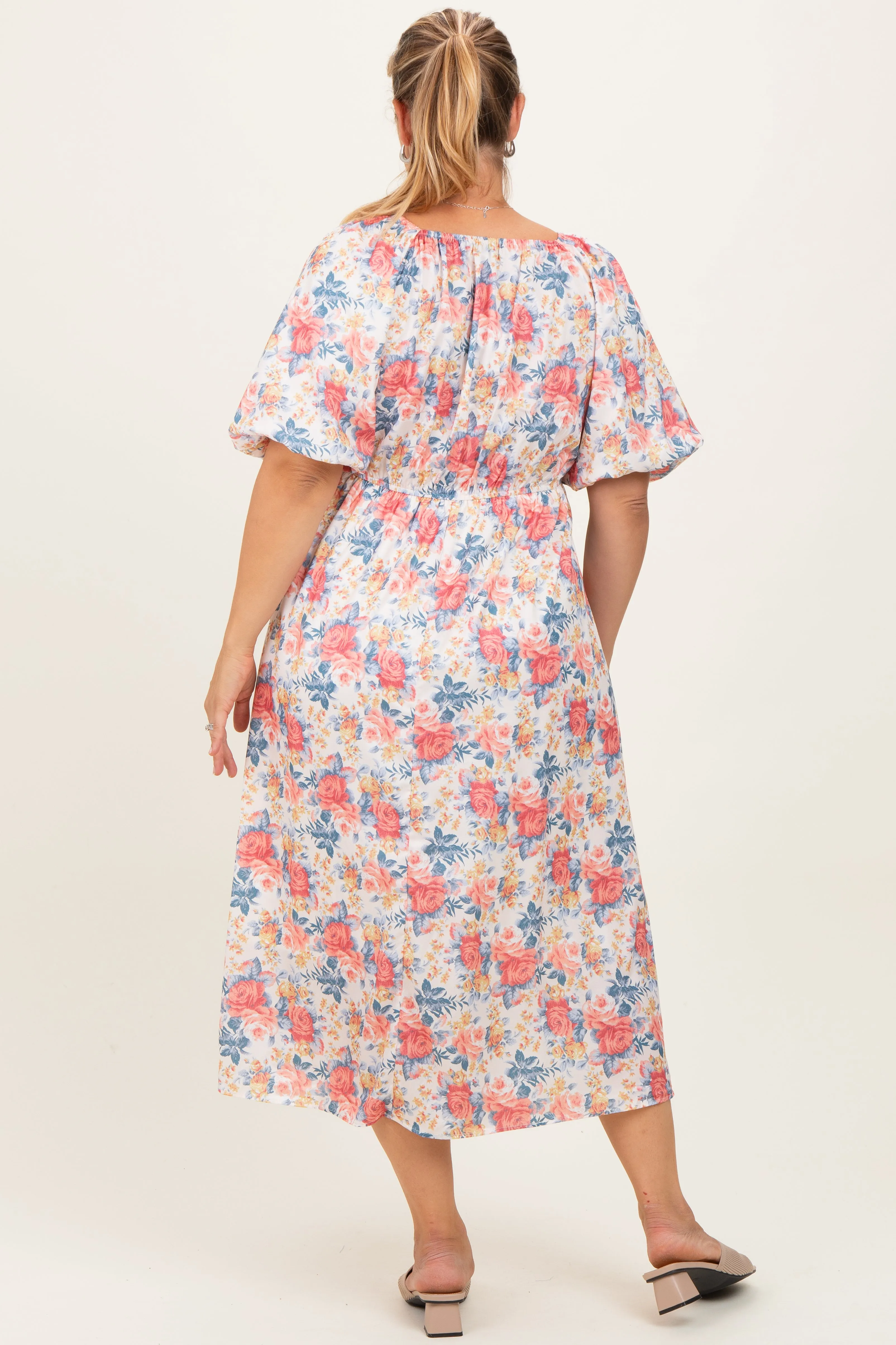 Ivory Multi Floral Print Smocked Ruched Bust Plus Maternity Midi Dress sold by Pinkblush product image thumbnail 4