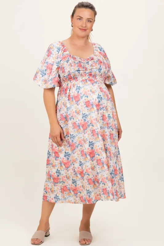 Ivory Multi Floral Print Smocked Ruched Bust Plus Maternity Midi Dress sold by Pinkblush