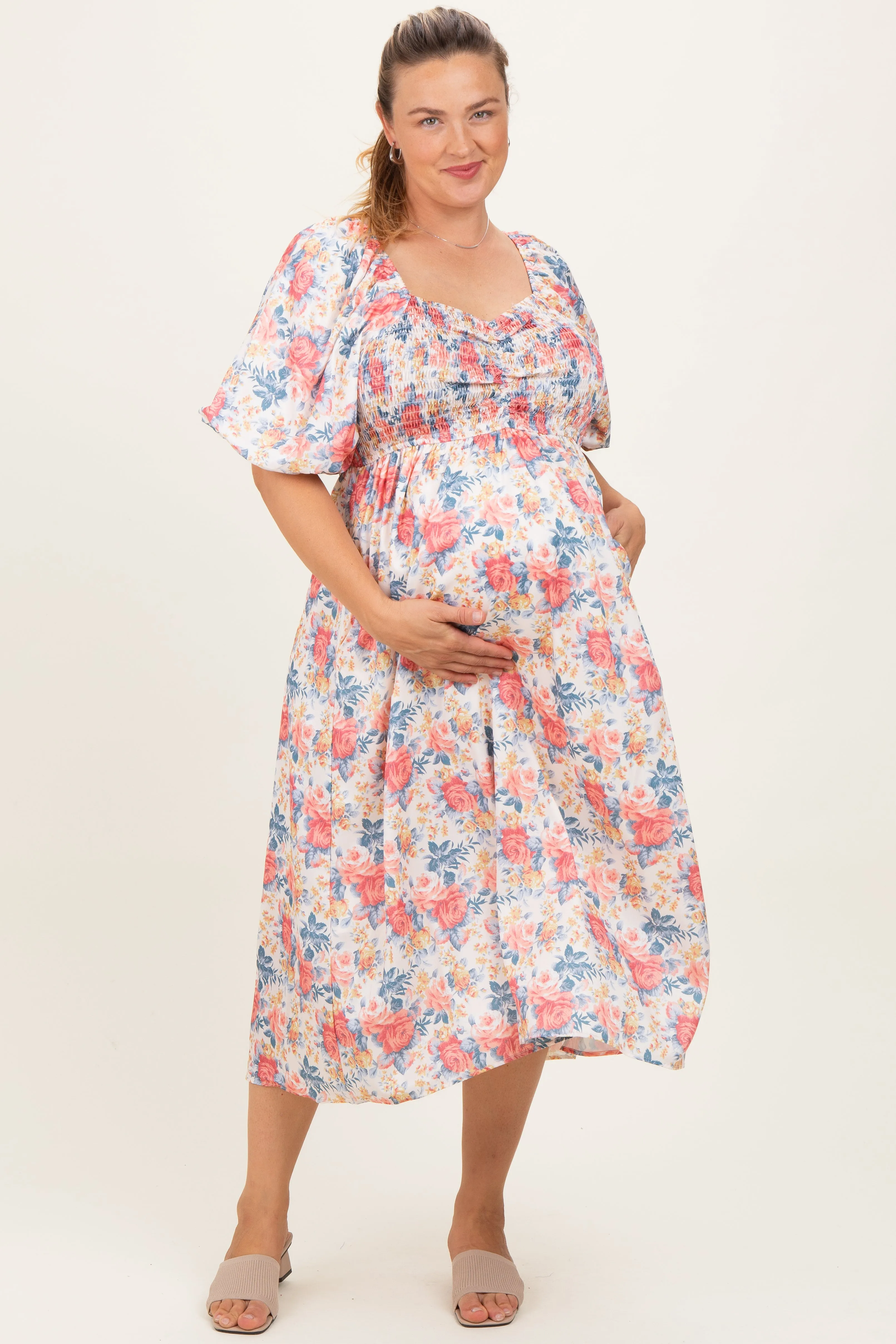Ivory Multi Floral Print Smocked Ruched Bust Plus Maternity Midi Dress sold by Pinkblush product image thumbnail 2