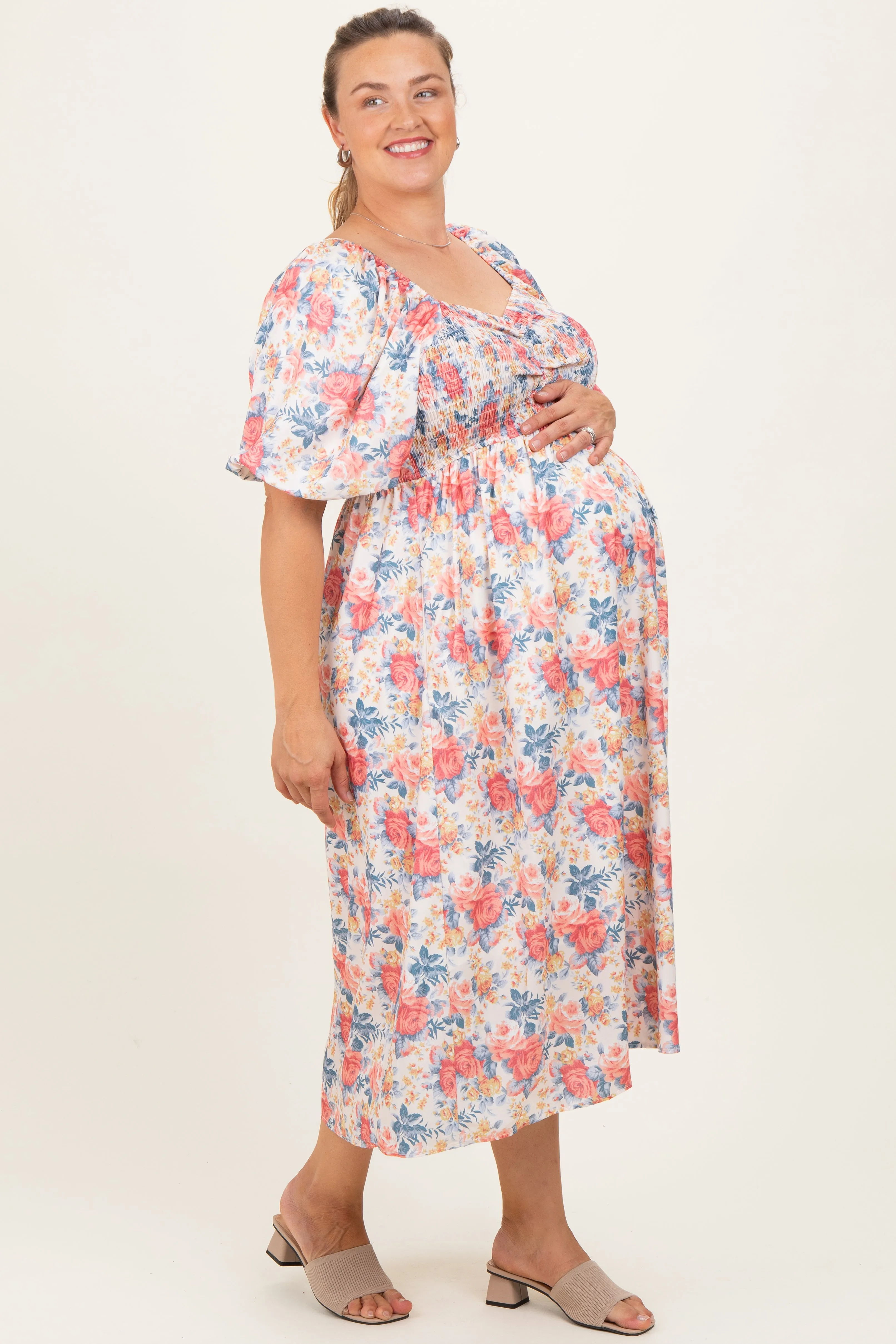 Ivory Multi Floral Print Smocked Ruched Bust Plus Maternity Midi Dress sold by Pinkblush product image thumbnail 3