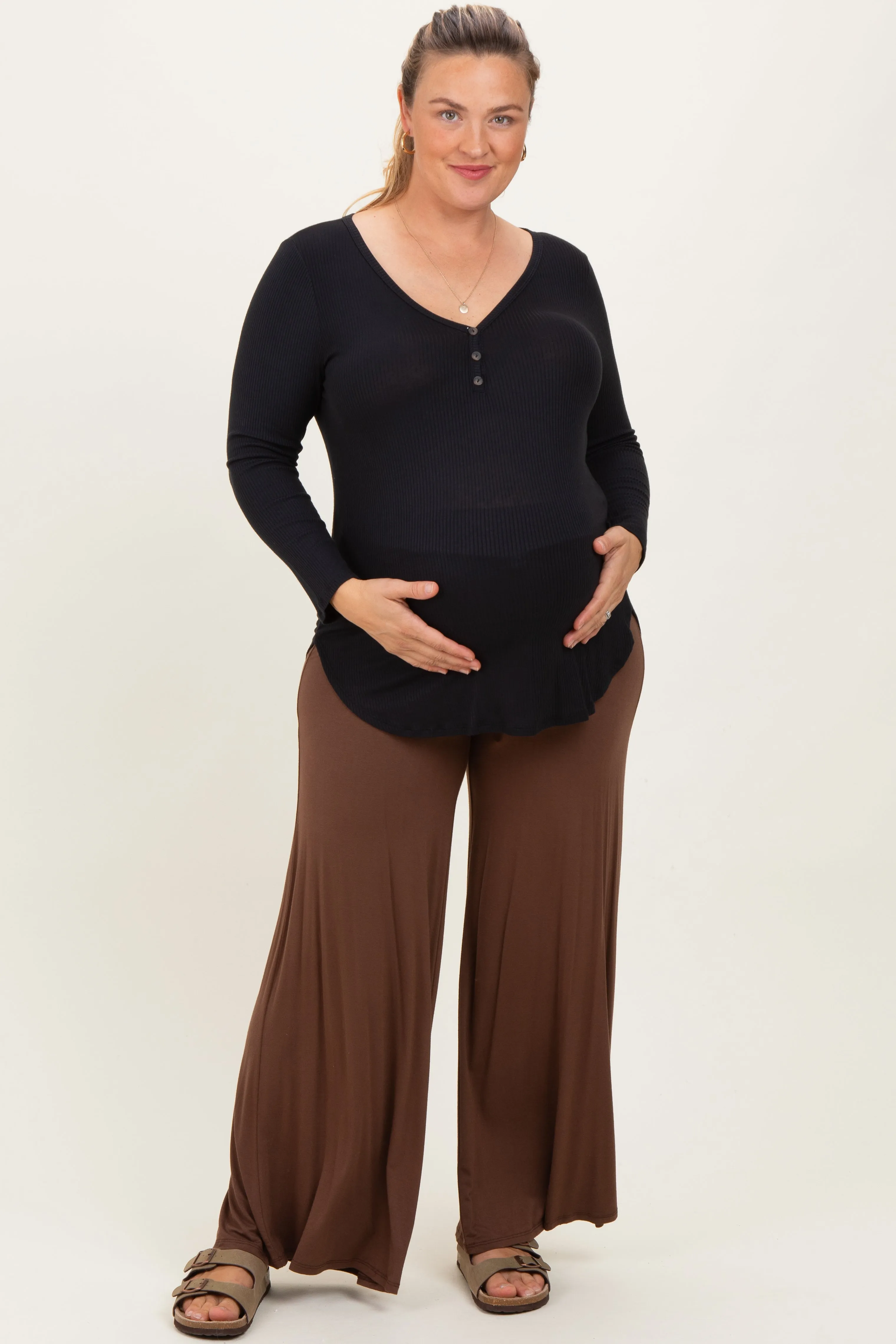 Brown Fold Over Waist Wide Leg Maternity Plus Lounge Pants sold by Pinkblush product image thumbnail 3
