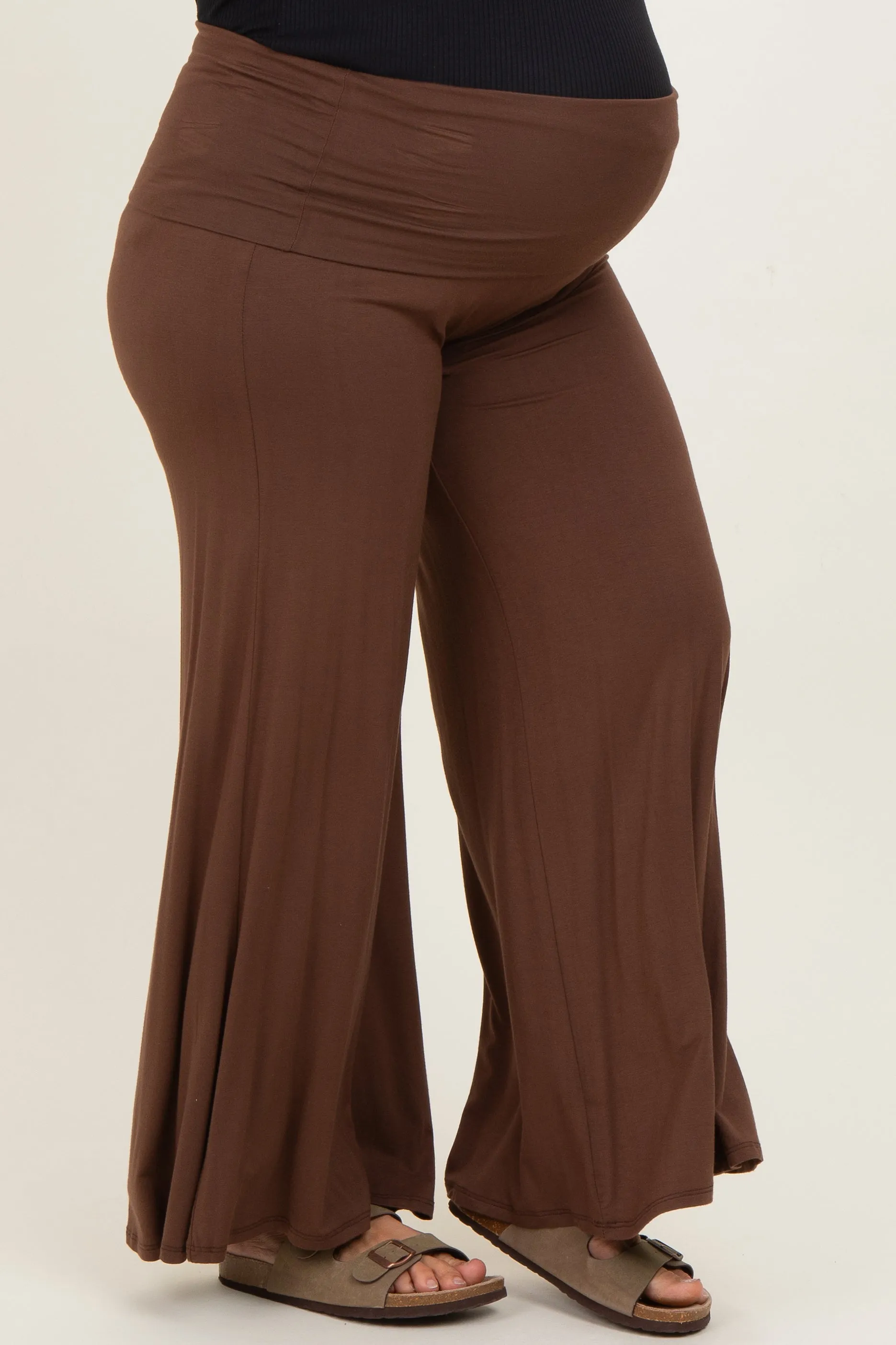 Brown Fold Over Waist Wide Leg Maternity Plus Lounge Pants sold by Pinkblush