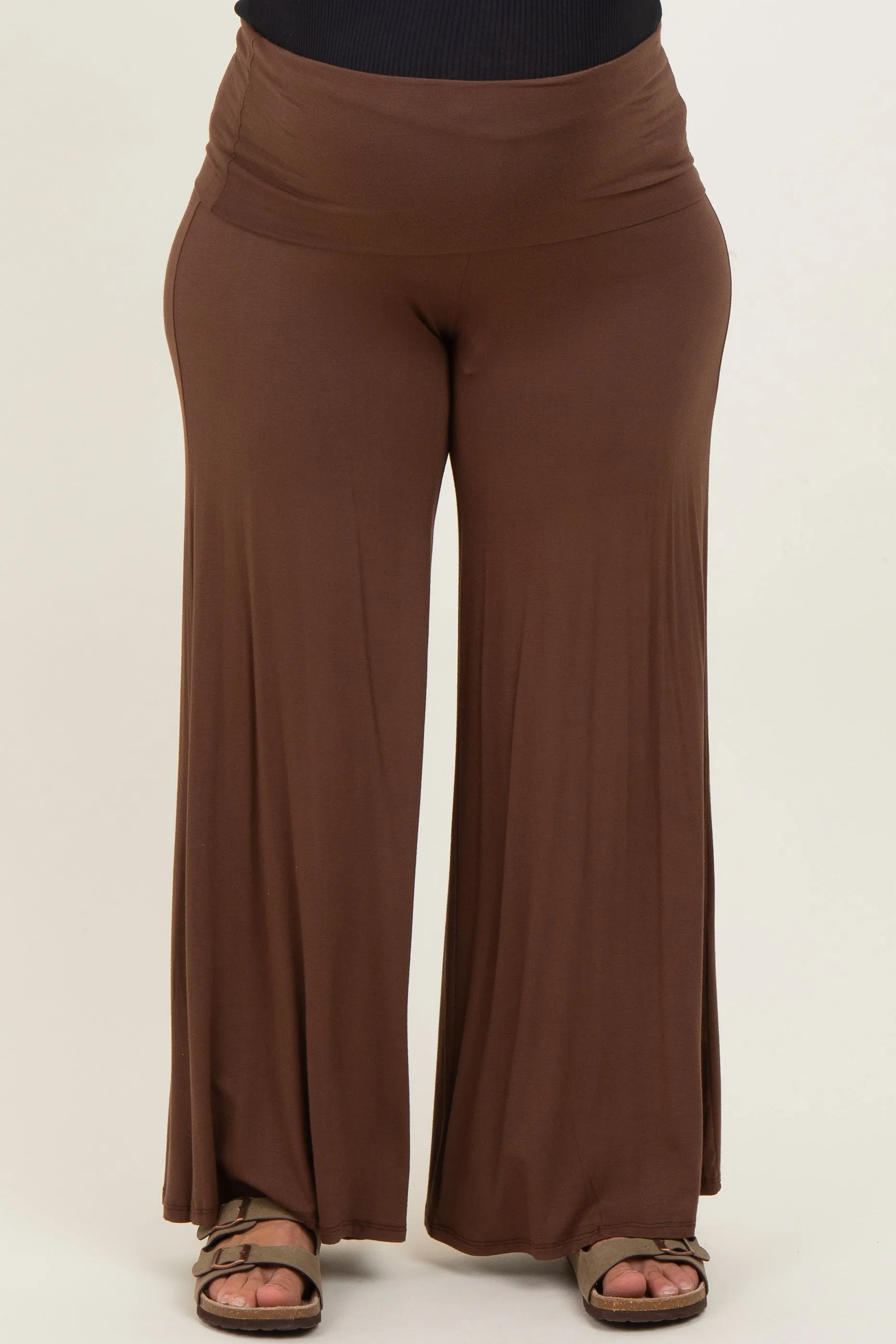 Brown Fold Over Waist Wide Leg Maternity Plus Lounge Pants sold by Pinkblush product image thumbnail 2