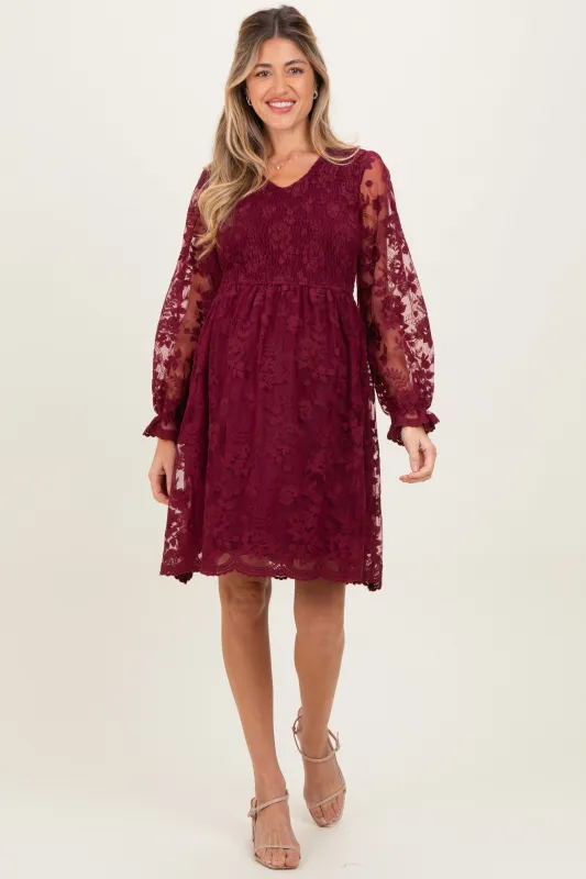 Burgundy Embroidered Lace Smocked Long Sleeve Maternity Dress sold by Pinkblush