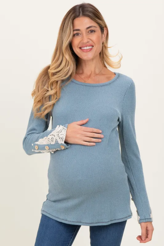 Light Blue Textured Rib Crochet Lace Detail Long Sleeve Maternity Top sold by Pinkblush