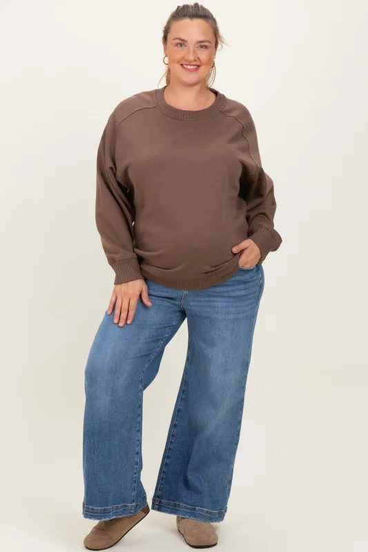 Brown Pullover Terry Maternity Plus Crewneck made by Pinkblush
