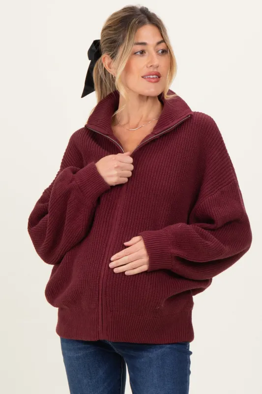 Burgundy Oversized Zip Up Maternity Cardigan sold by Pinkblush