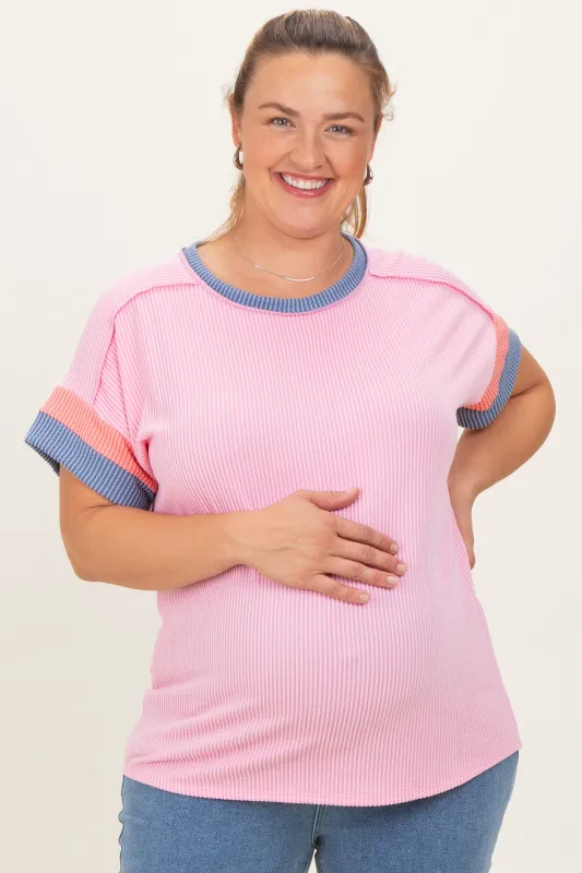 Pink Ribbed Colorblock Detail Maternity Plus Short Sleeve Top sold by Pinkblush