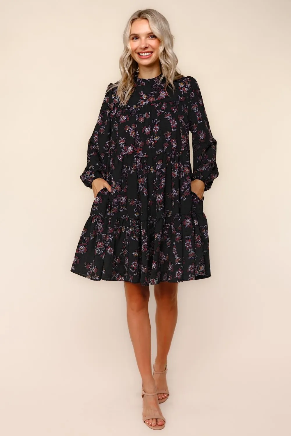 Black Floral Tiered Long Sleeve Maternity Dress sold by Pinkblush product image thumbnail 4