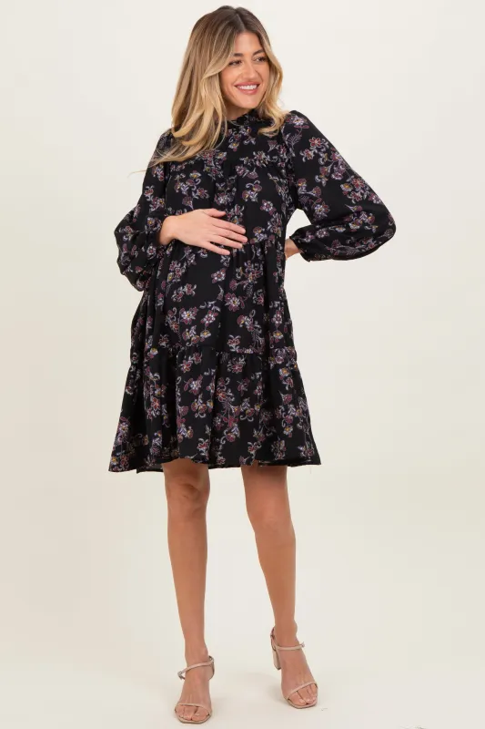 Black Floral Tiered Long Sleeve Maternity Dress sold by Pinkblush