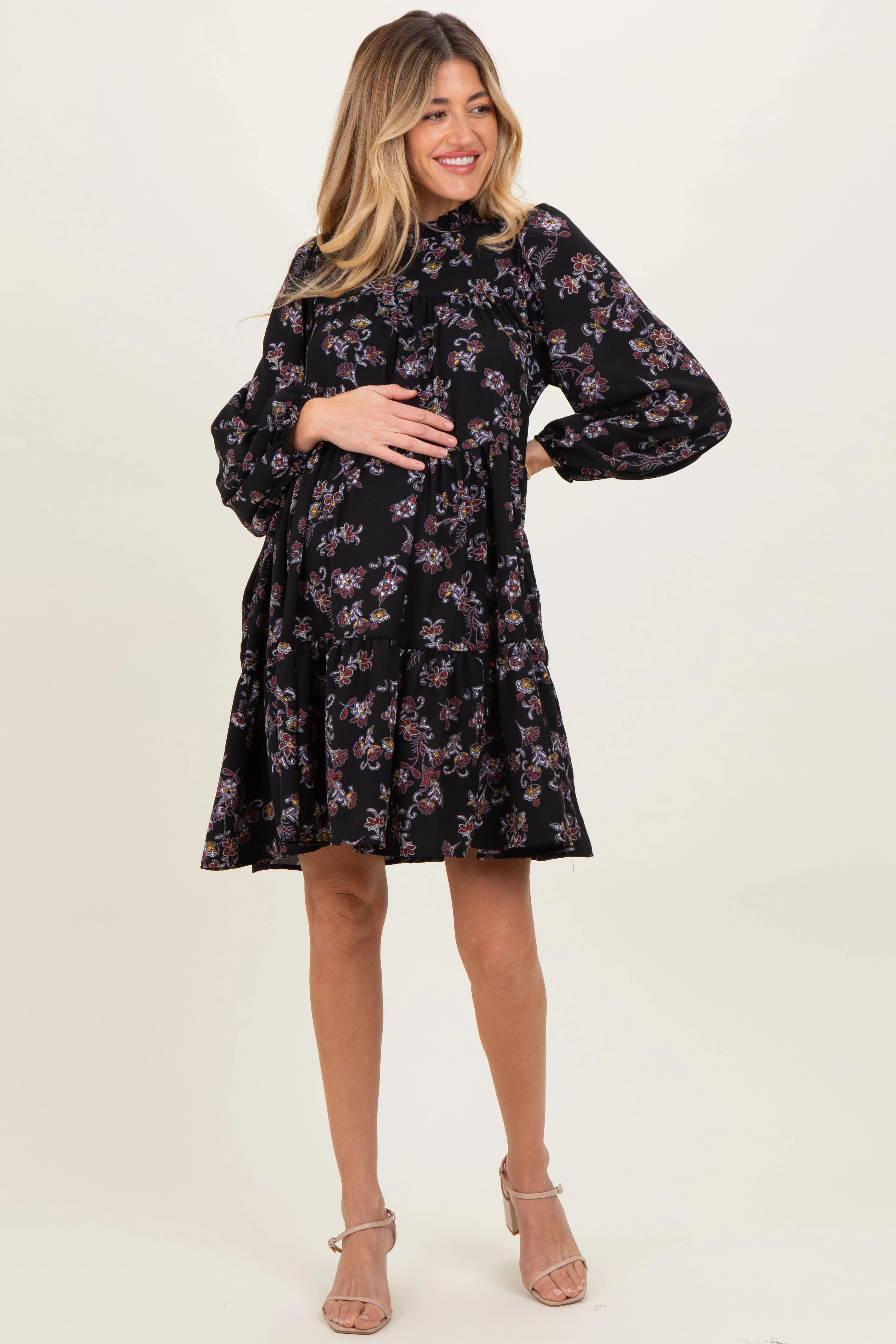 Black Floral Tiered Long Sleeve Maternity Dress sold by Pinkblush