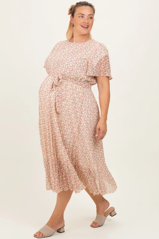 Cream Multi Printed Floral Waist Tie Plus Maternity Midi Dress sold by Pinkblush