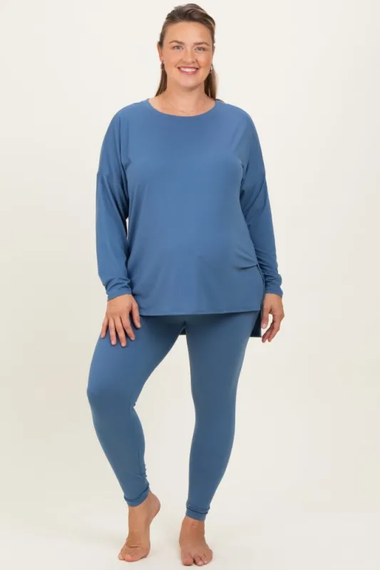 Blue Brushed Knit Oversized Top and Legging Maternity Plus Set sold by Pinkblush