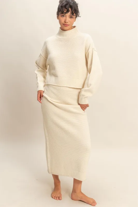 Cream Waffle Knit High Neck Sweater Skirt Set sold by Pinkblush