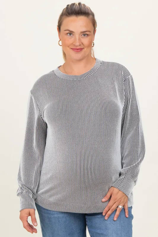 White Stripe Textured Ribbed Long Sleeve Maternity Plus Top sold by Pinkblush