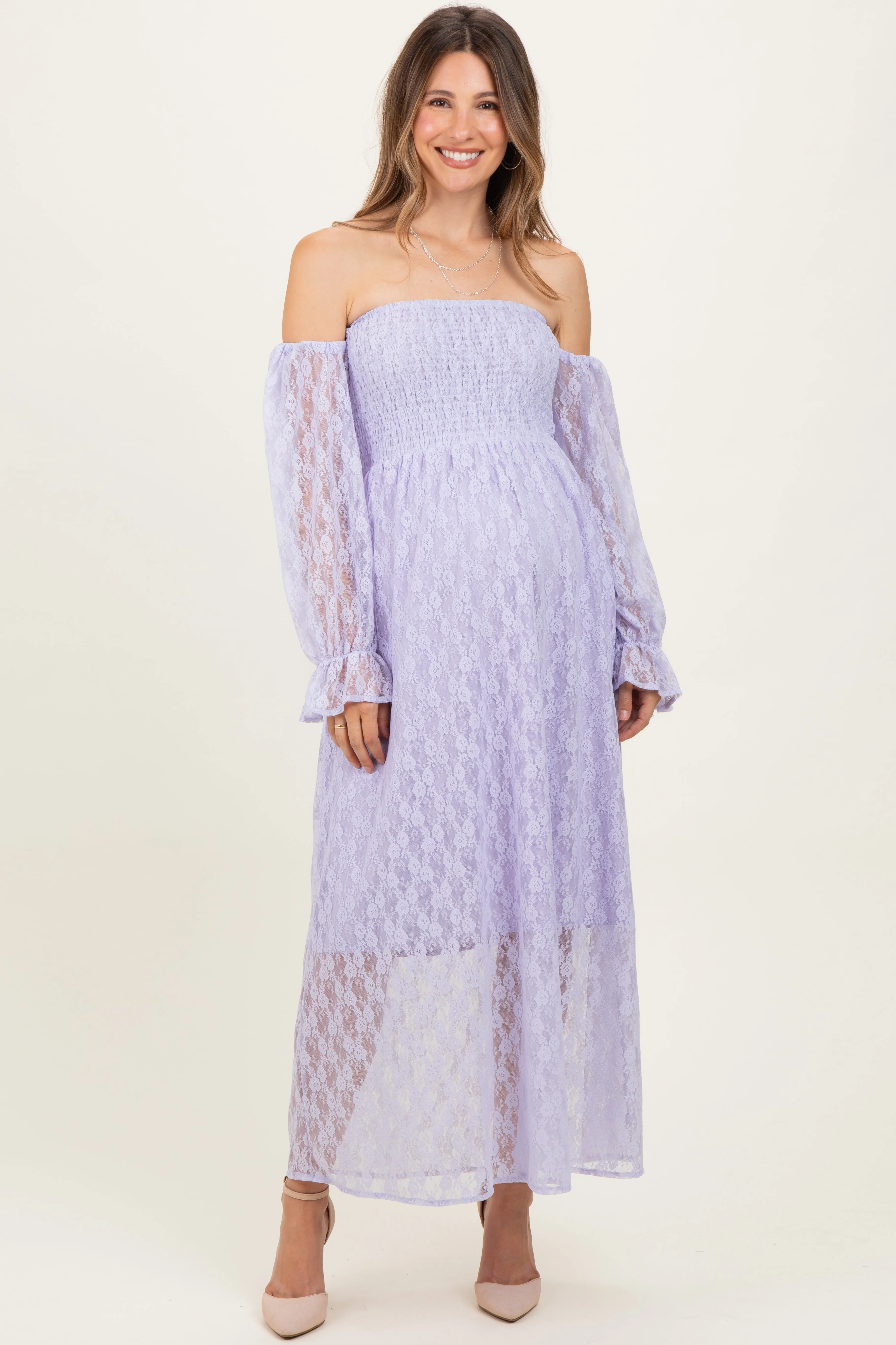 Lavender Lace Overlay Smocked Maternity Maxi Dress sold by Pinkblush product image thumbnail 2