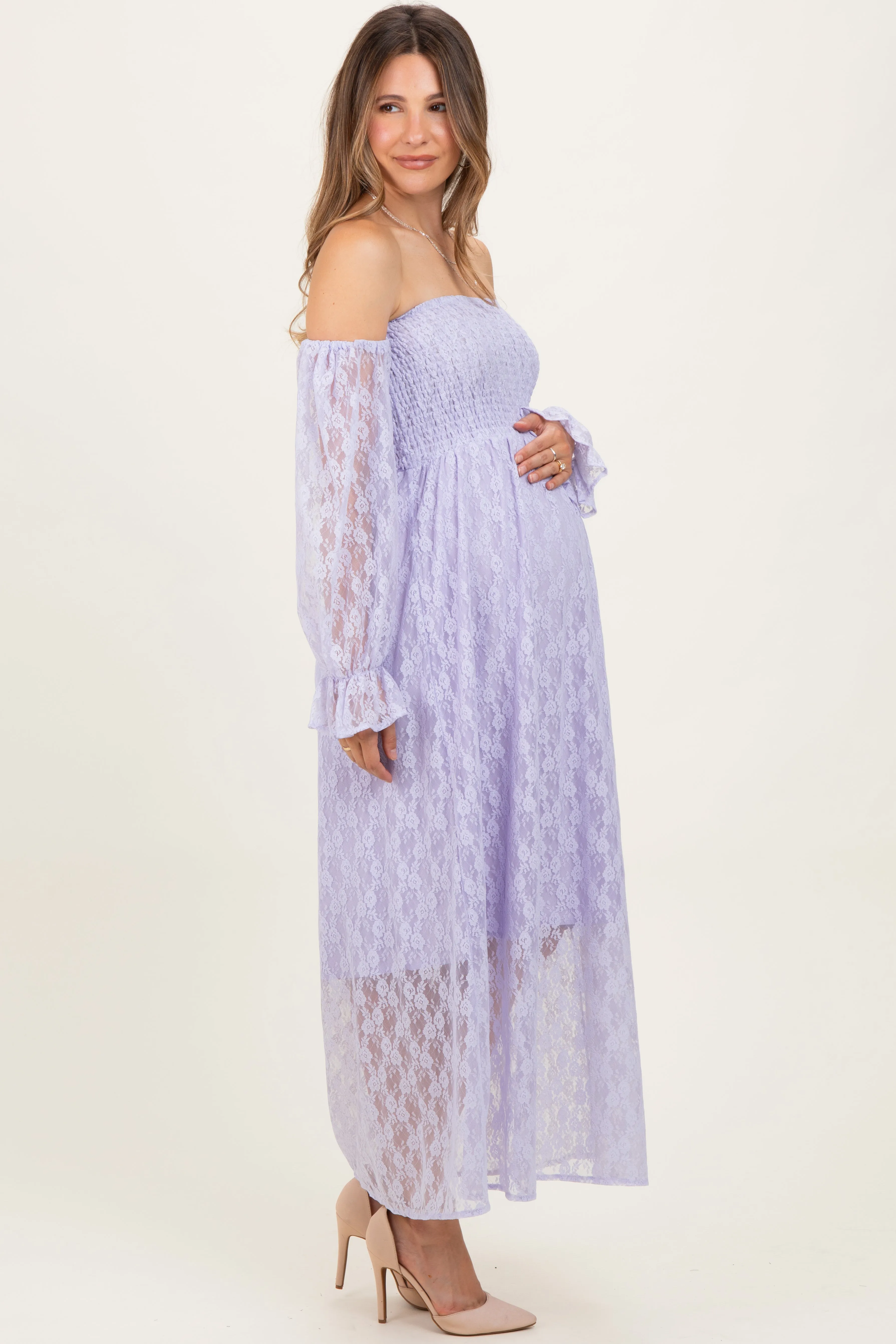 Lavender Lace Overlay Smocked Maternity Maxi Dress sold by Pinkblush product image thumbnail 3