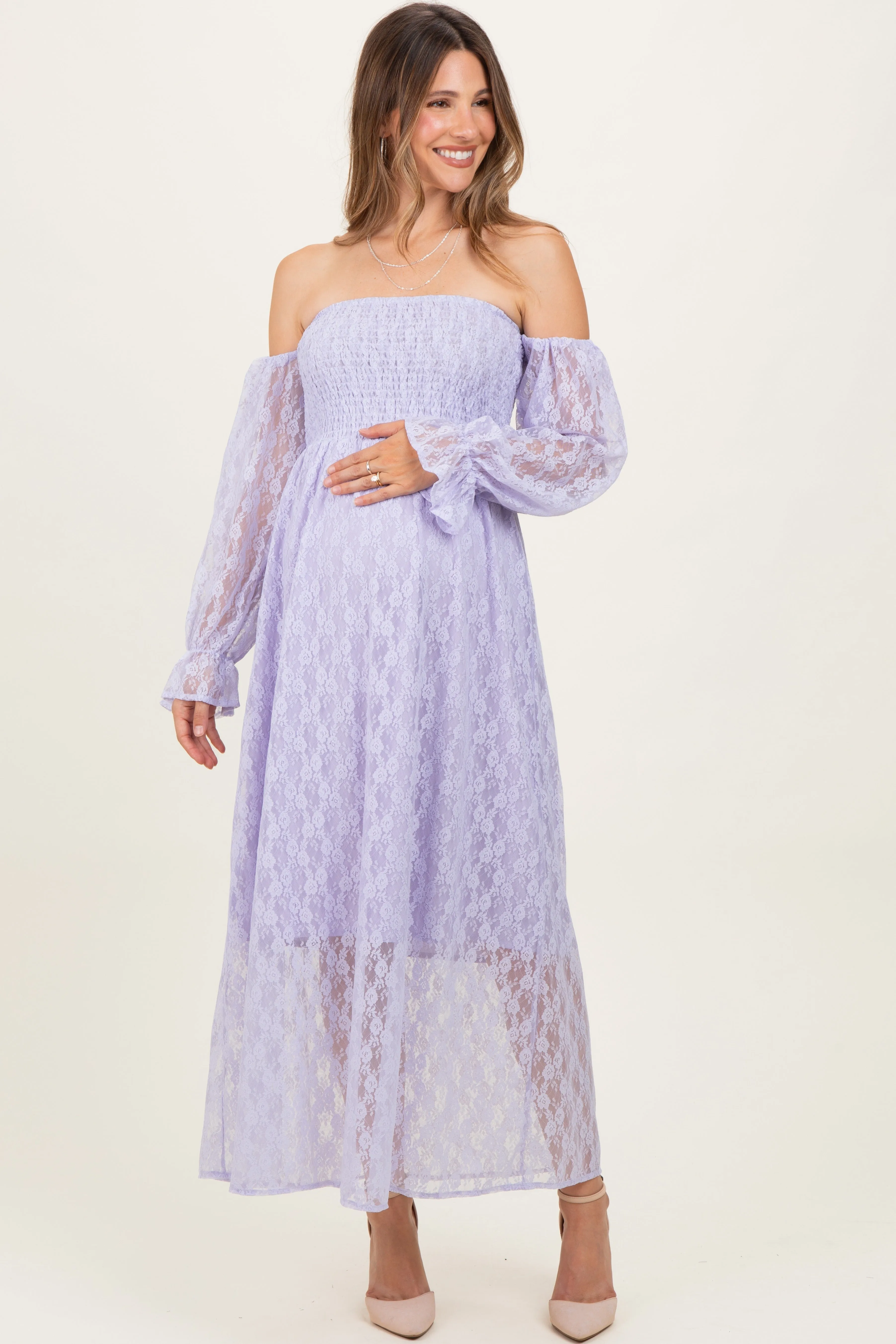Lavender Lace Overlay Smocked Maternity Maxi Dress sold by Pinkblush