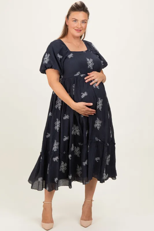 Navy Floral Print Ruffle Hem Maternity Plus Midi Dress sold by Pinkblush