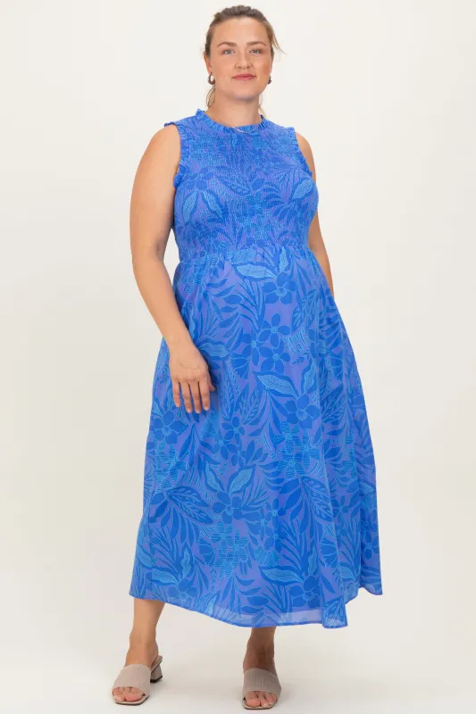 Royal Blue Floral Smocked Sleeveless Maternity Plus Midi Dress sold by Pinkblush