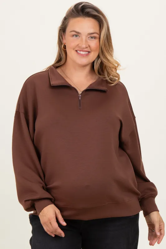 Brown Half Zip Maternity Plus Pullover sold by Pinkblush