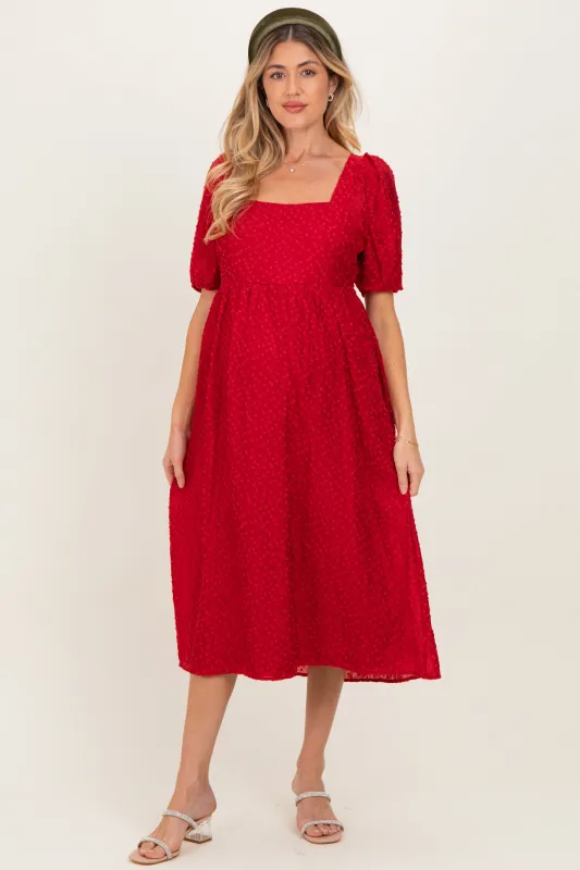 Red Swiss Dot Puff Sleeve Maternity Midi Dress sold by Pinkblush