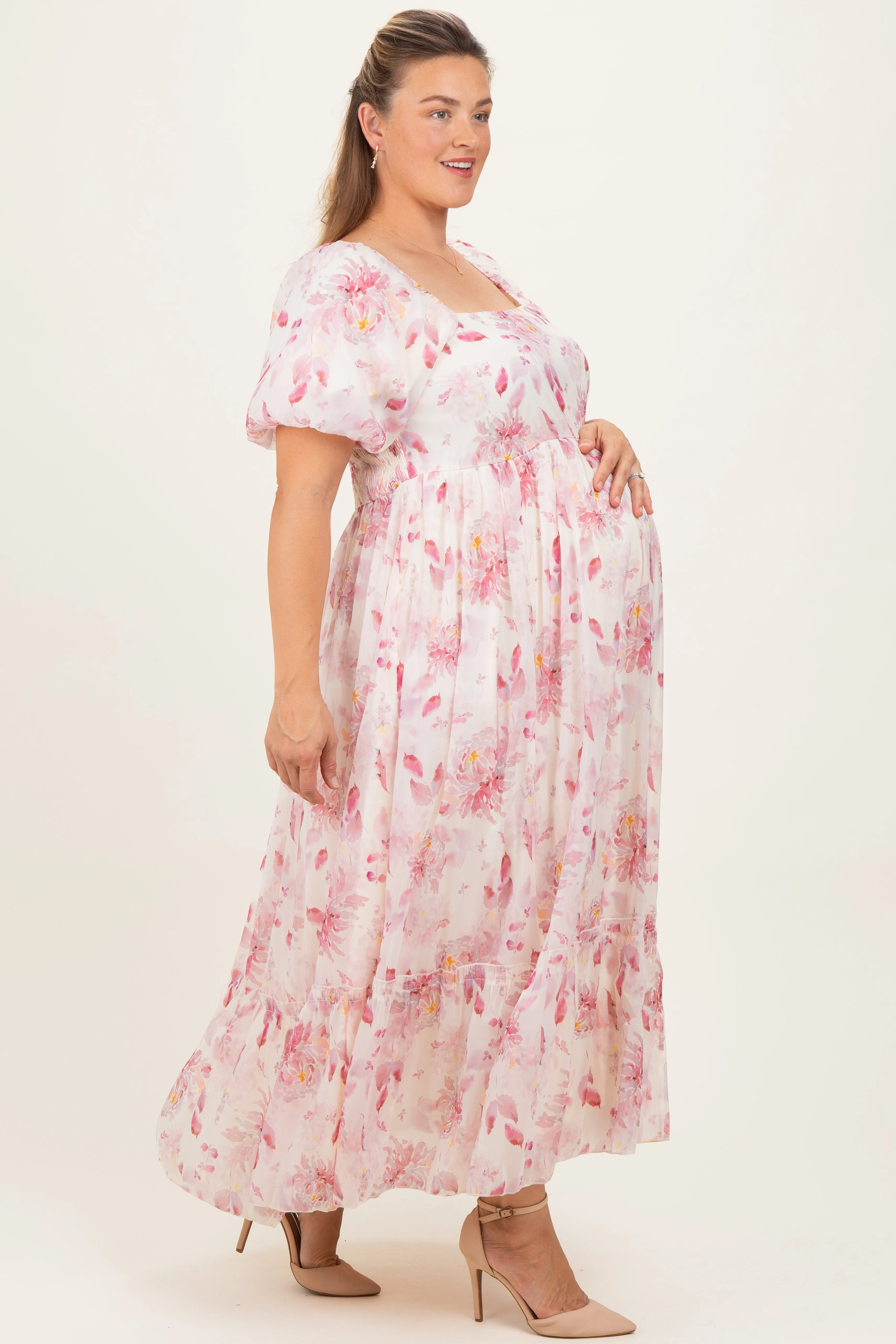 Red Floral Puff Sleeve Plus Maternity Maxi Dress sold by Pinkblush product image thumbnail 3