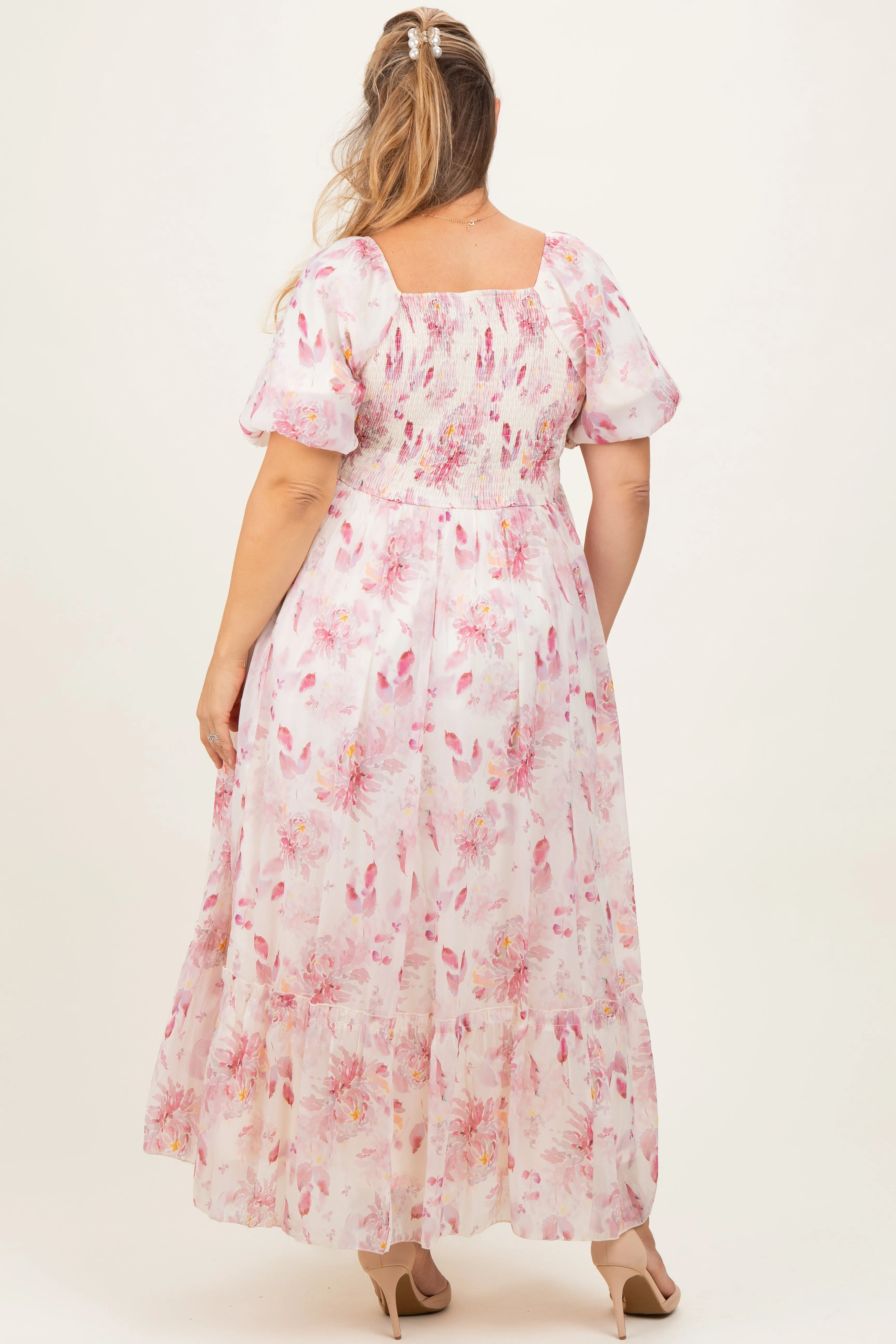 Red Floral Puff Sleeve Plus Maternity Maxi Dress sold by Pinkblush product image thumbnail 4