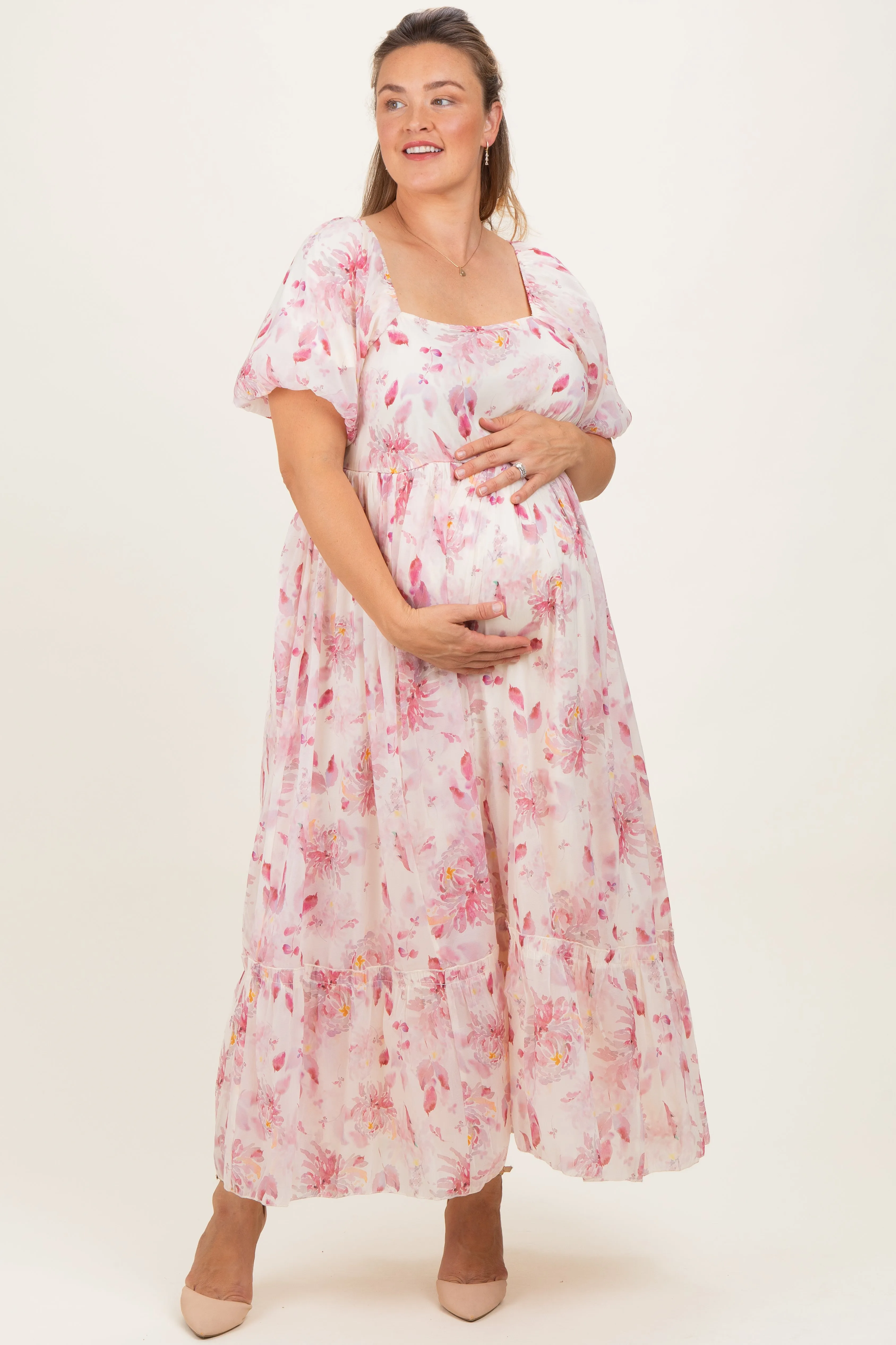 Red Floral Puff Sleeve Plus Maternity Maxi Dress sold by Pinkblush product image thumbnail 2