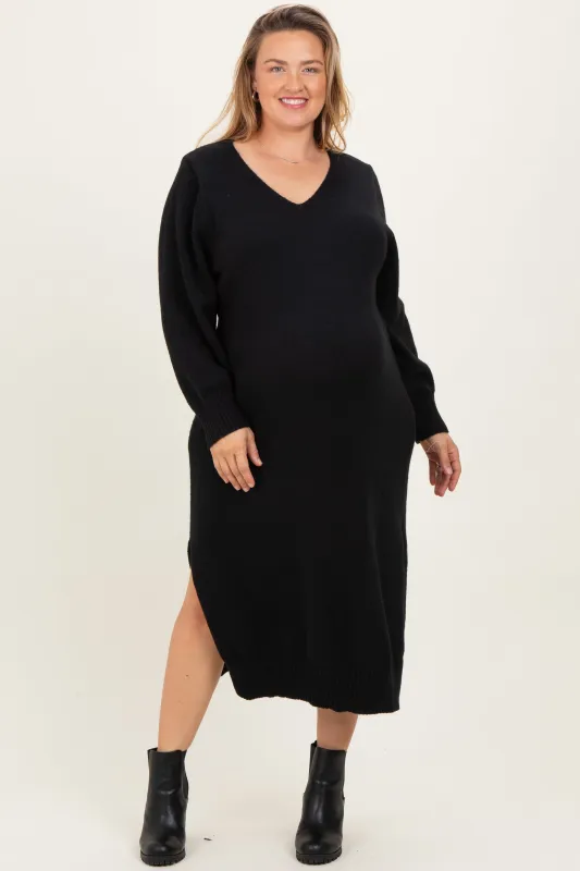 Black V-Neck Relaxed Fit Maternity Plus Sweater Dress sold by Pinkblush