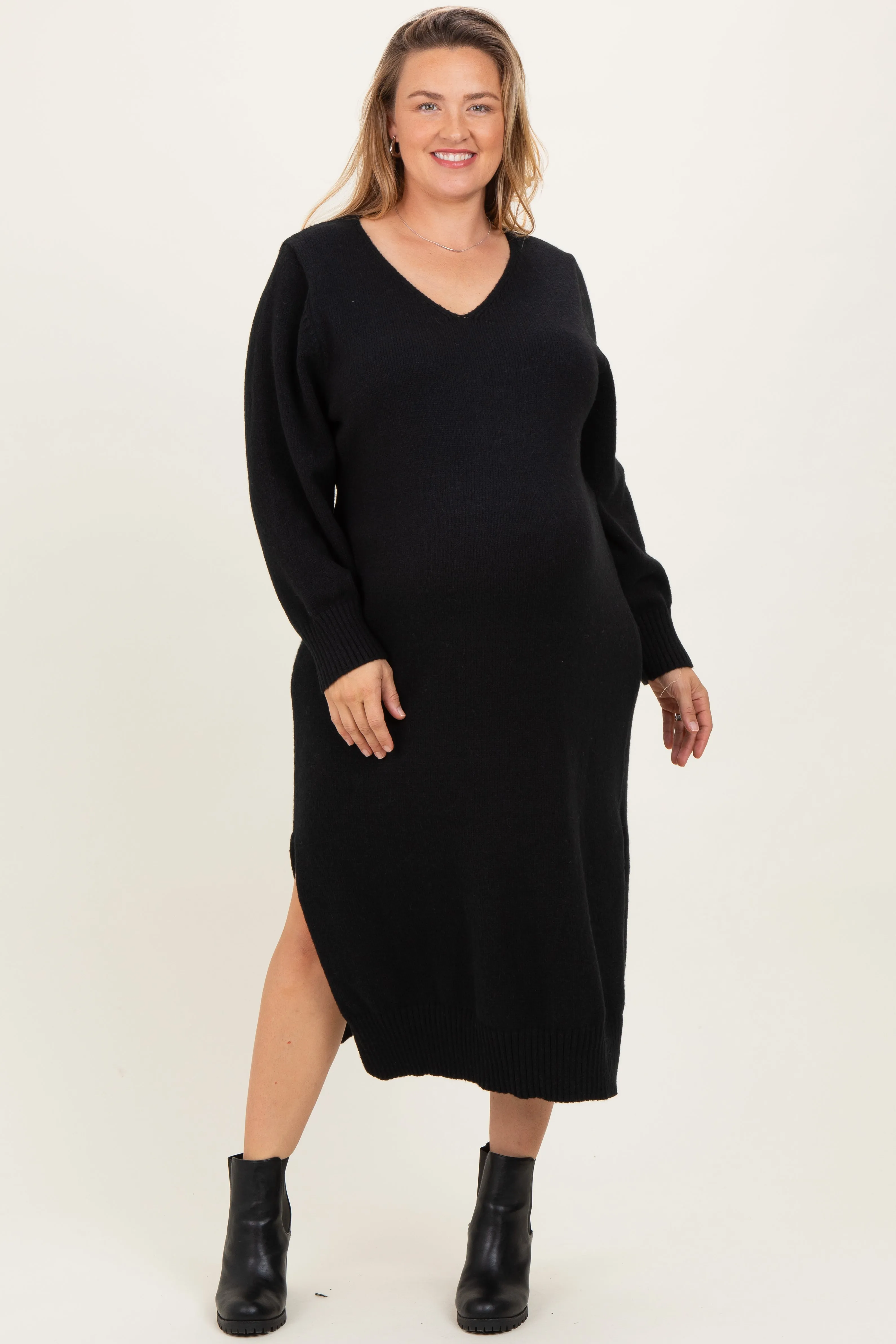 Black V-Neck Relaxed Fit Maternity Plus Sweater Dress sold by Pinkblush