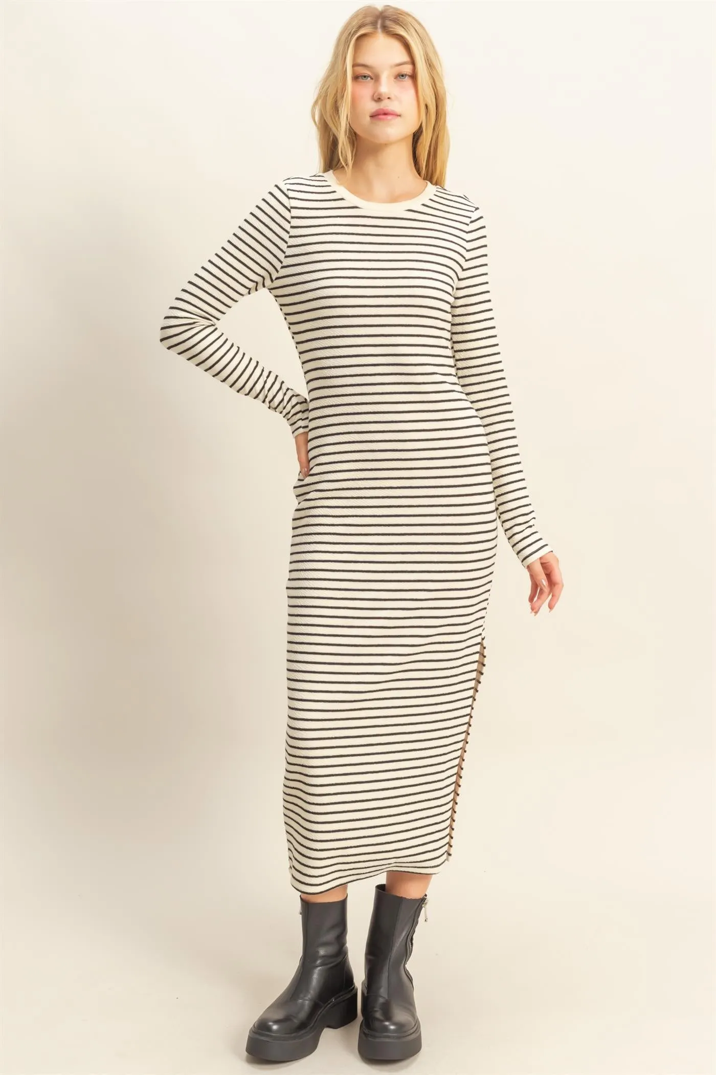 Cream Striped Long Sleeve Midi Dress sold by Pinkblush