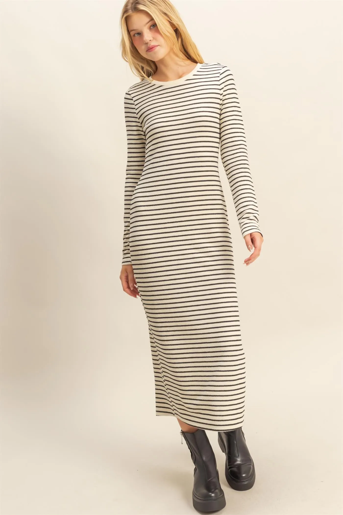 Cream Striped Long Sleeve Midi Dress sold by Pinkblush product image thumbnail 2