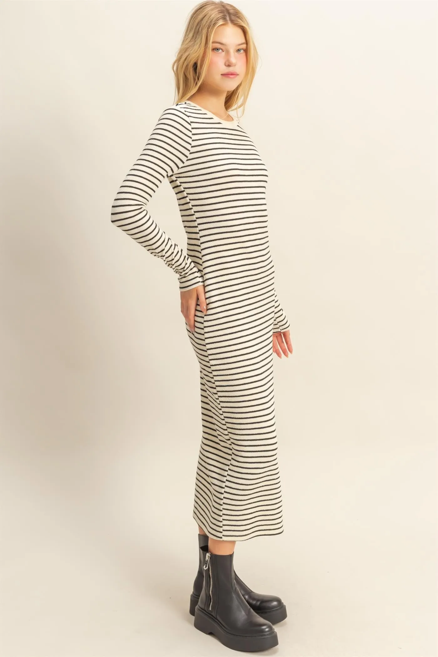 Cream Striped Long Sleeve Midi Dress sold by Pinkblush product image thumbnail 3