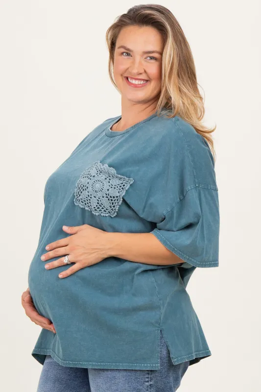 Deep Teal Mineral Wash Crochet Pocket Maternity Plus Top sold by Pinkblush