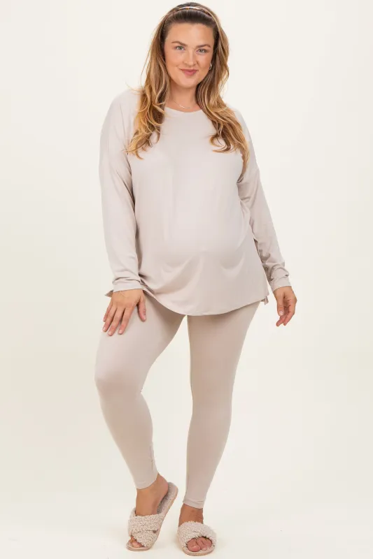 Cream Brushed Knit Oversized Top and Legging Maternity Plus Set sold by Pinkblush