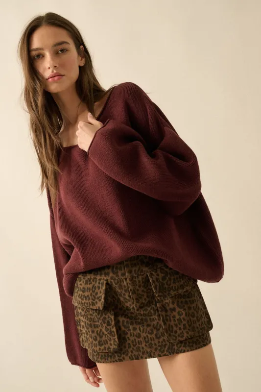 Burgundy Oversized Boatneck Sweater sold by Pinkblush