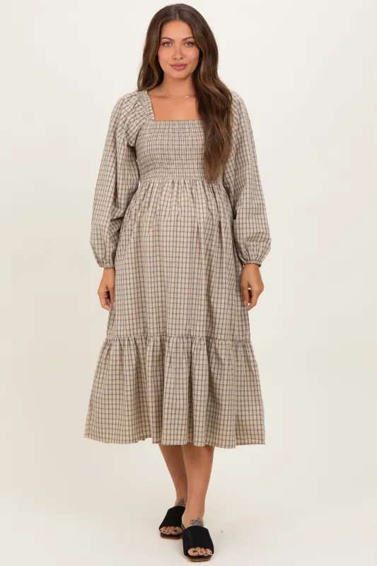 Beige Plaid Smocked Puff Sleeve Maternity Midi Dress sold by Pinkblush