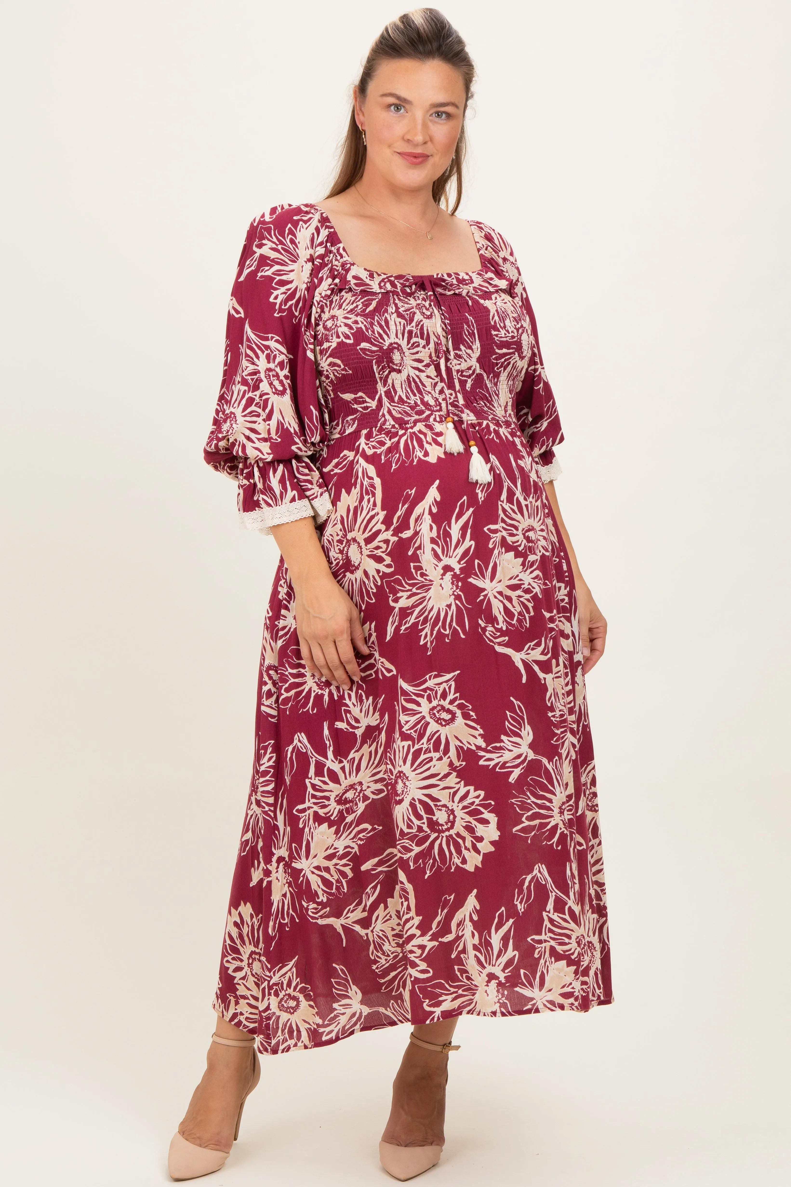 Burgundy Floral Smocked 3/4 Sleeve Maternity Plus Midi Dress sold by Pinkblush