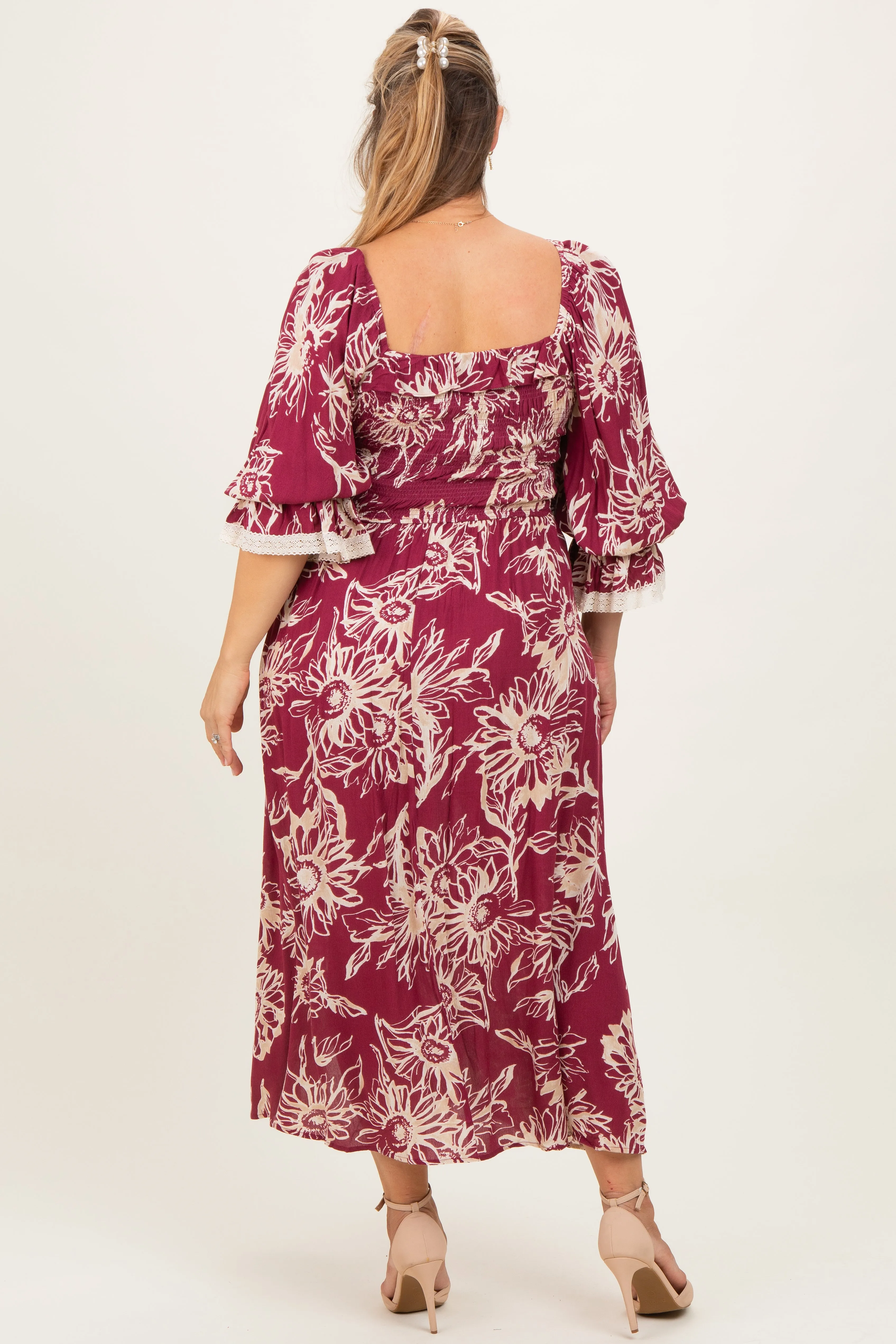 Burgundy Floral Smocked 3/4 Sleeve Maternity Plus Midi Dress sold by Pinkblush product image thumbnail 2