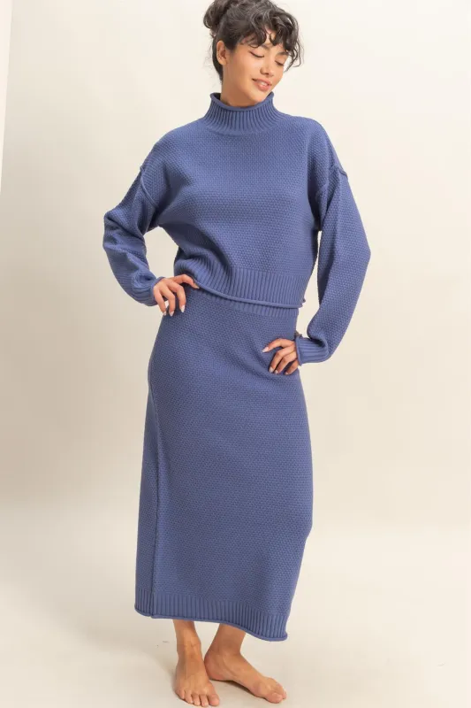Dusty Navy Waffle Knit High Neck Sweater Skirt Set sold by Pinkblush
