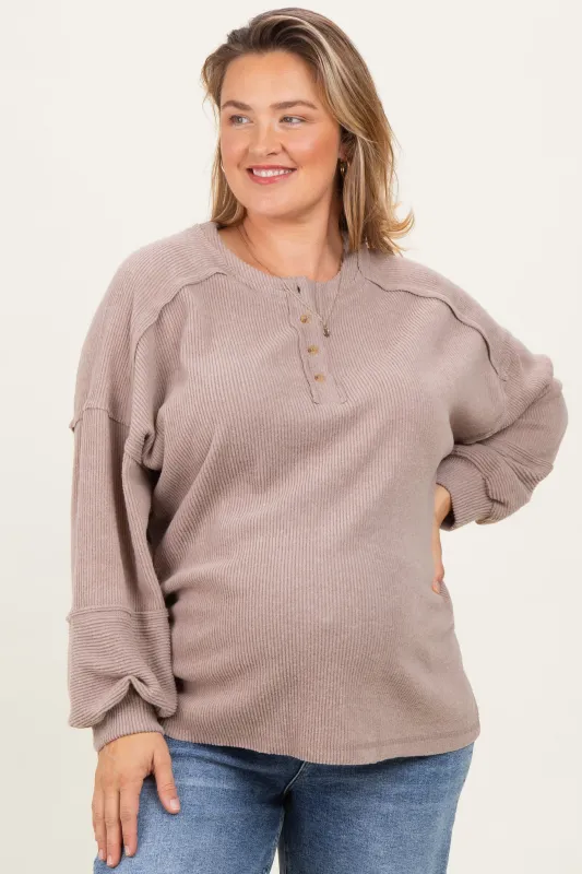 Beige Oversized Ribbed Knit Henley Maternity Plus Sweater sold by Pinkblush