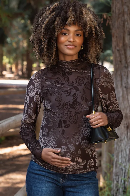Brown Floral Velvet Mesh Long Sleeve Maternity Top sold by Pinkblush