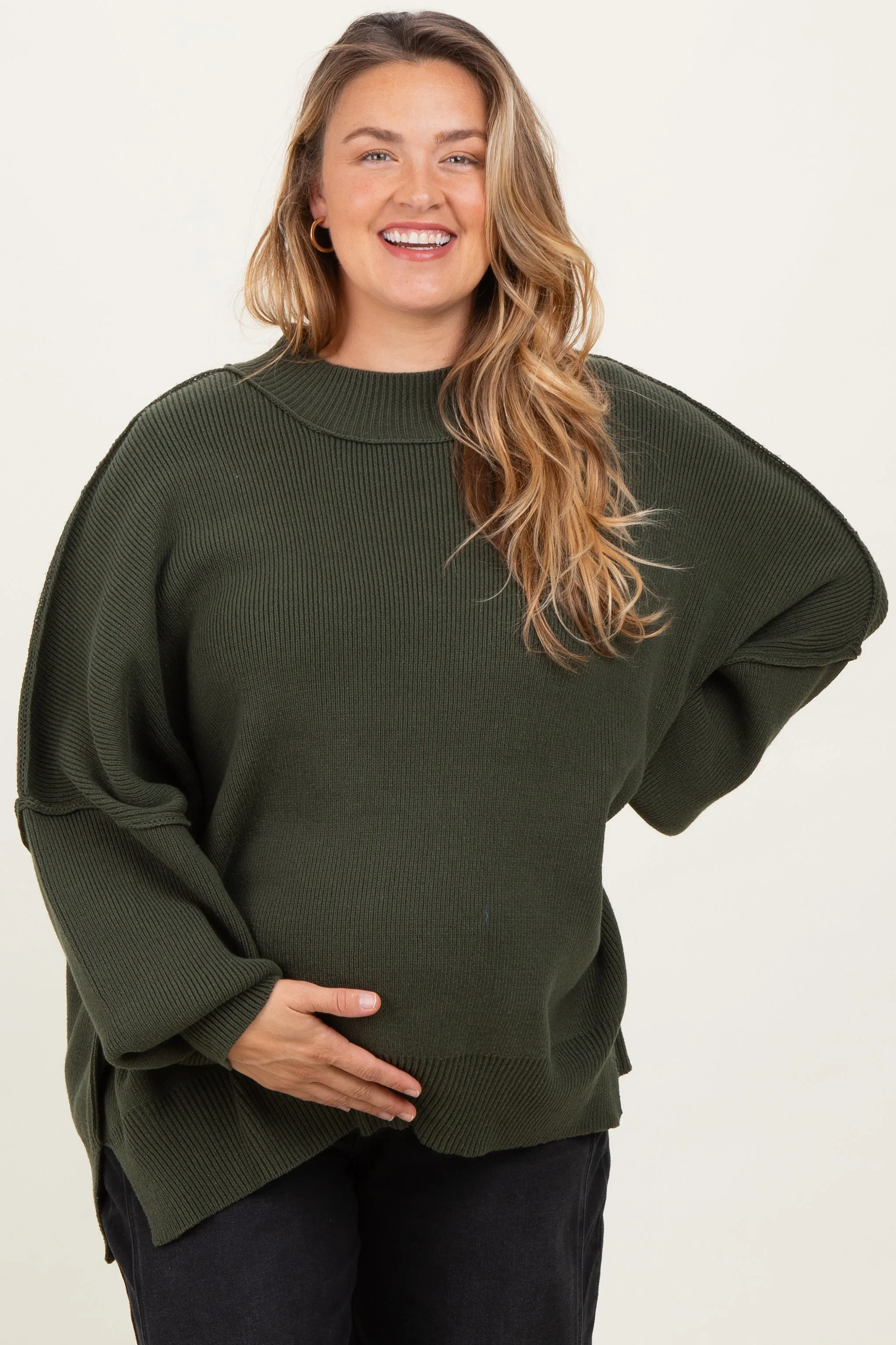 Olive Mock Neck Exposed Seam Maternity Sweater sold by Pinkblush product image thumbnail 2
