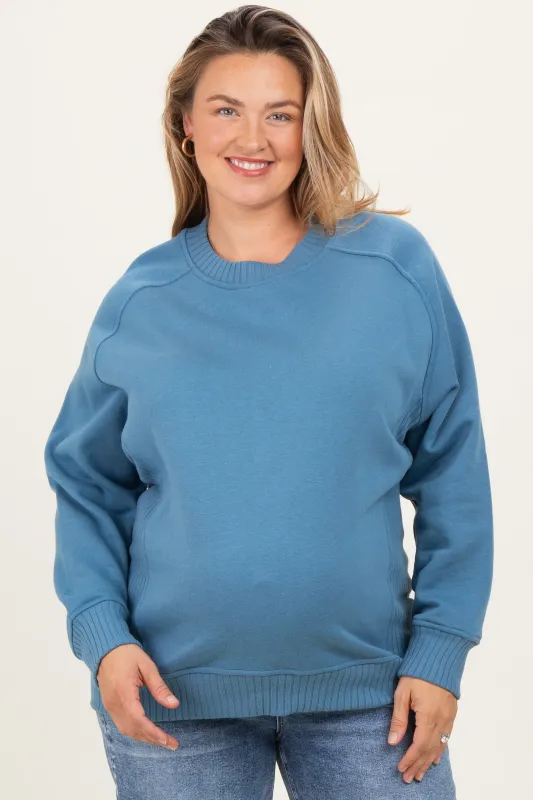 Blue Pullover Terry Maternity Plus Crewneck sold by Pinkblush