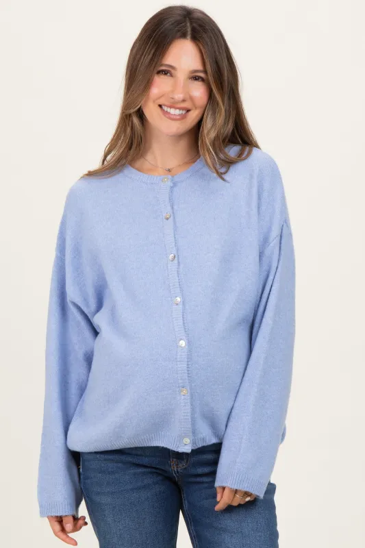 Light Blue Classic Crew Neck Maternity Button Cardigan sold by Pinkblush