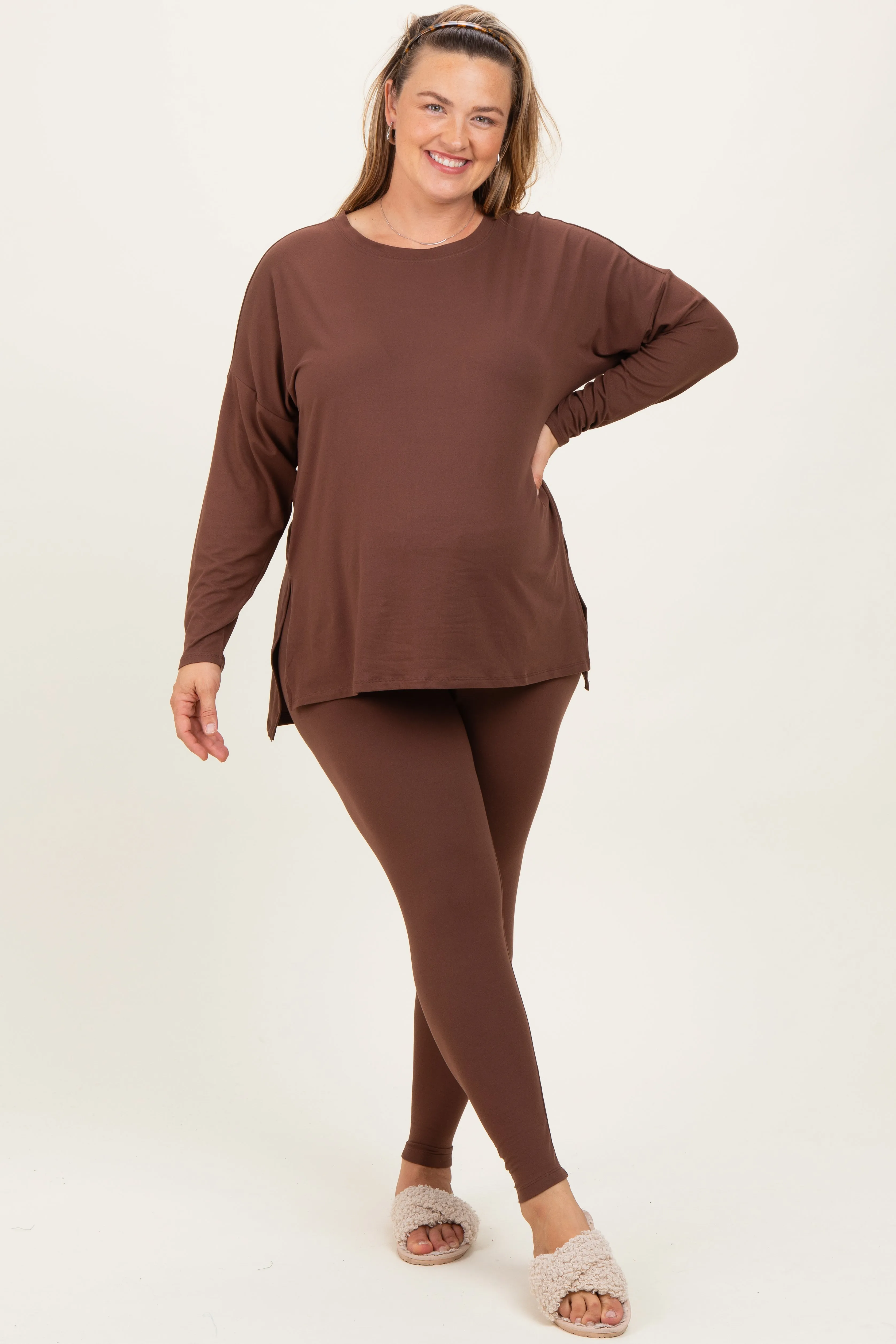 Brown Brushed Knit Oversized Top and Legging Maternity Plus Set sold by Pinkblush product image thumbnail 2