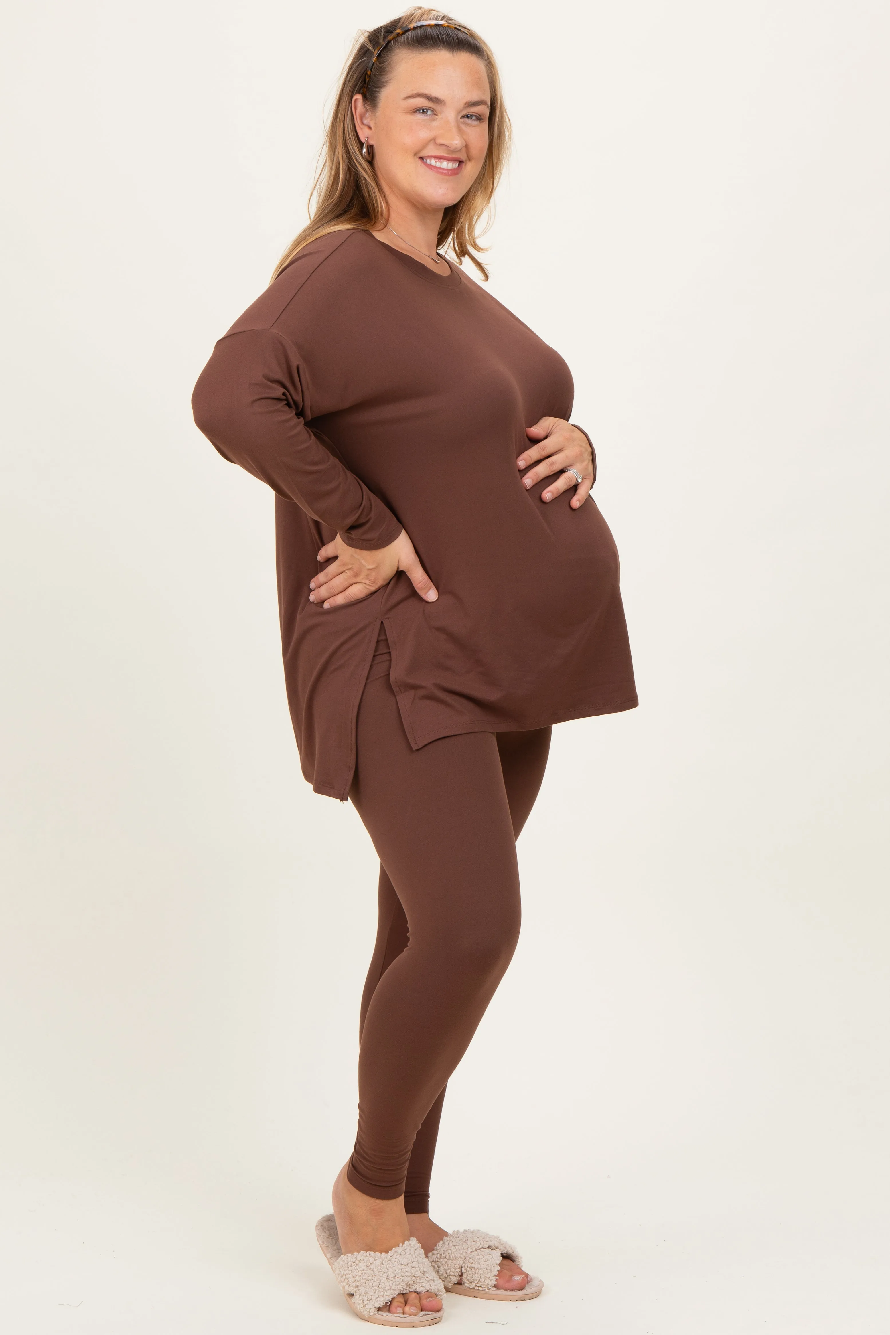 Brown Brushed Knit Oversized Top and Legging Maternity Plus Set sold by Pinkblush product image thumbnail 3