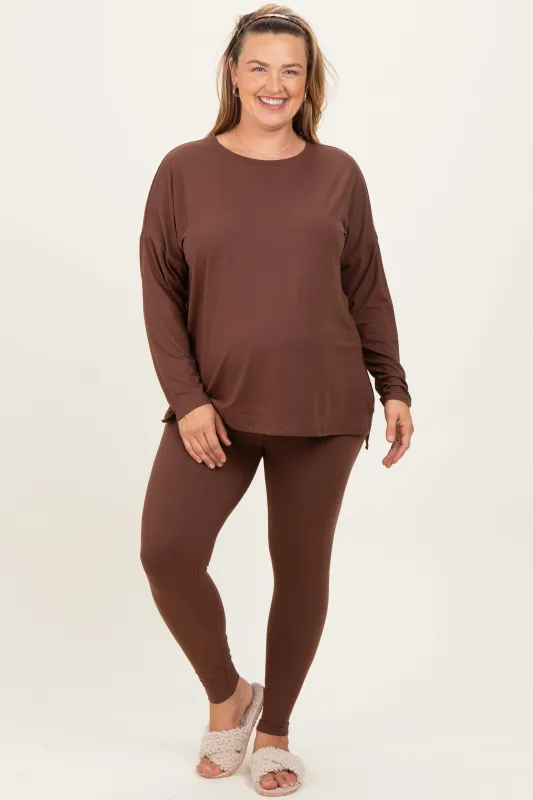 Brown Brushed Knit Oversized Top and Legging Maternity Plus Set sold by Pinkblush