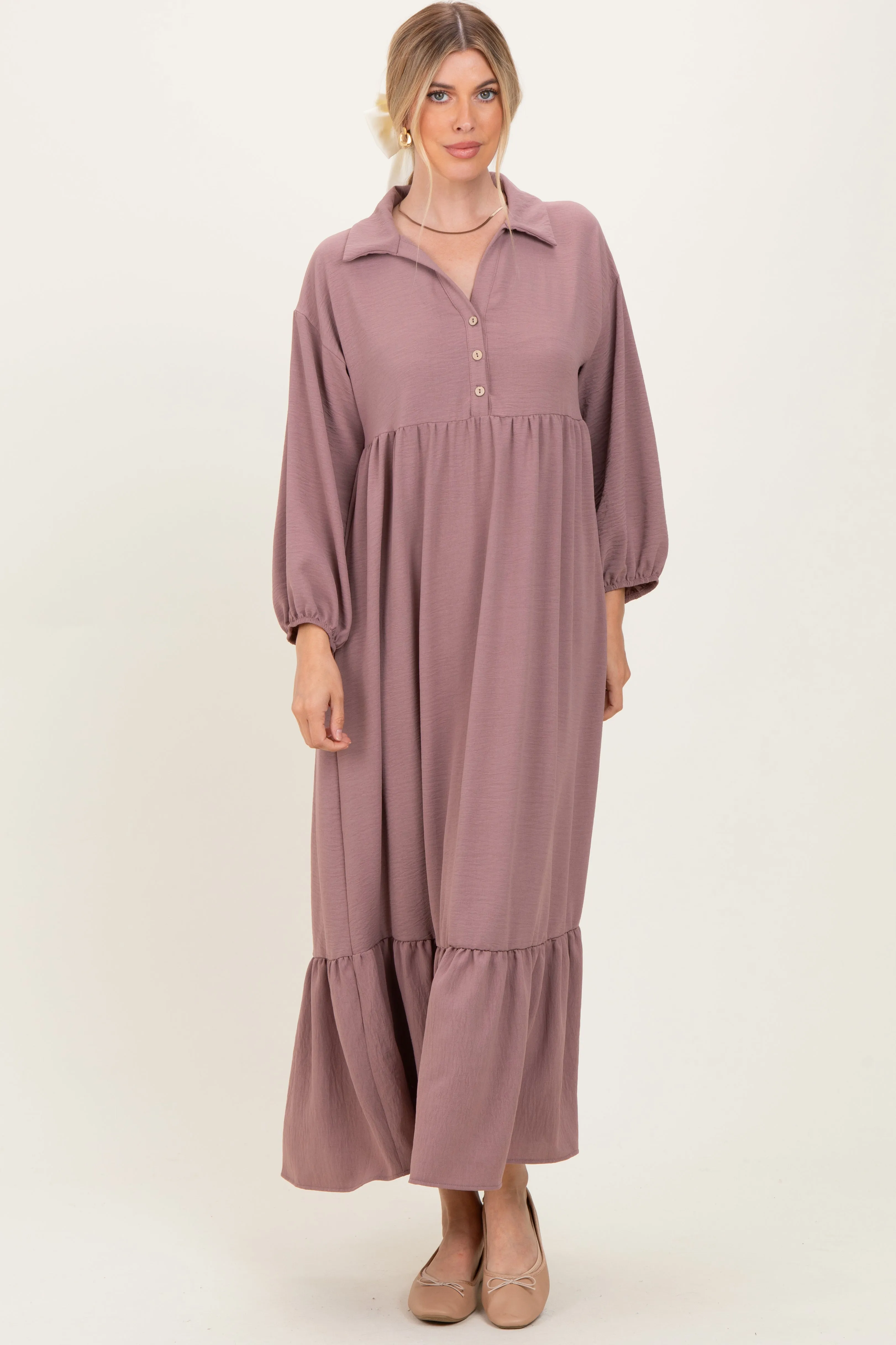 Mocha Solid Long Sleeve Button Down Tiered Collared Maternity Dress sold by Pinkblush product image thumbnail 4
